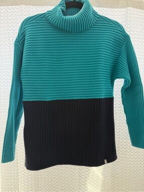 T by Talbots Teal/Navy Colorblock Cowl Neck Sweater Size M